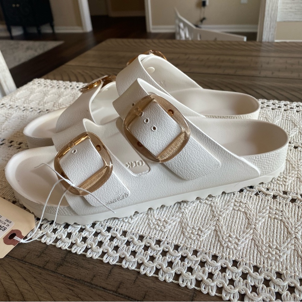 Birkenstock EVA Off White Arizona Sandals with Gold Buckles